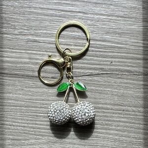 🆕 🍒 Gold Cherry Crystal Keychain with Green Enamel Leaves